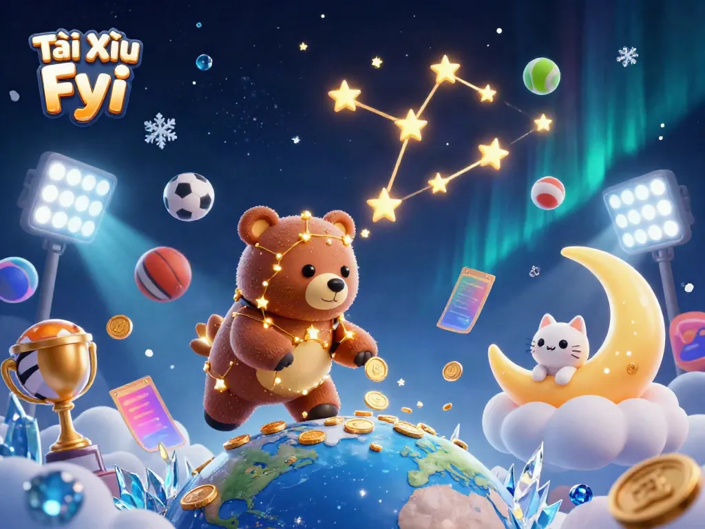 Tài Xỉu Fyi scene depicting an energetic casino environment with a constellation bear, fish, and a moon cat scooping coins.