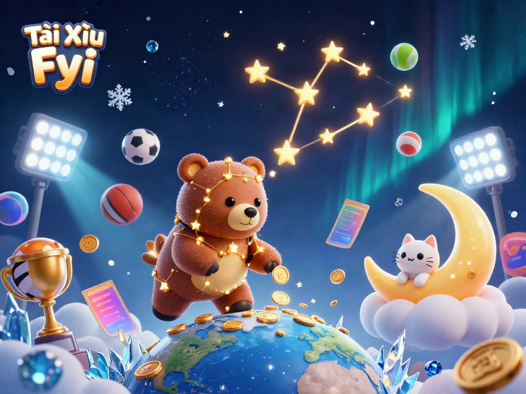 Tài Xỉu Fyi scene depicting an energetic casino environment with a constellation bear, fish, and a moon cat scooping coins.