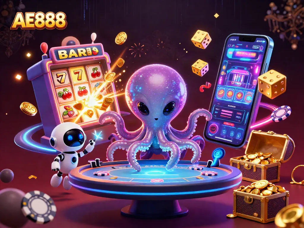 Play exciting casino games with AE888 featuring a gambling octopus and colorful slot elements