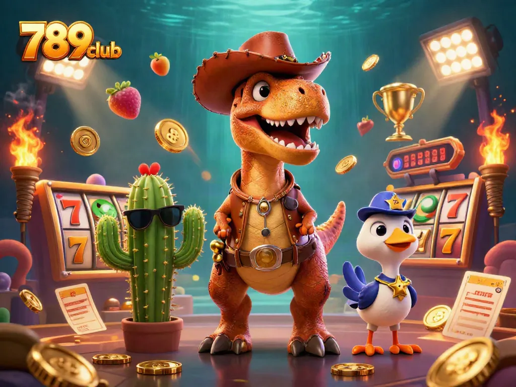 Experience thrilling 789club adventures with a dynamic 3D cartoon illustration of gaming excitement.