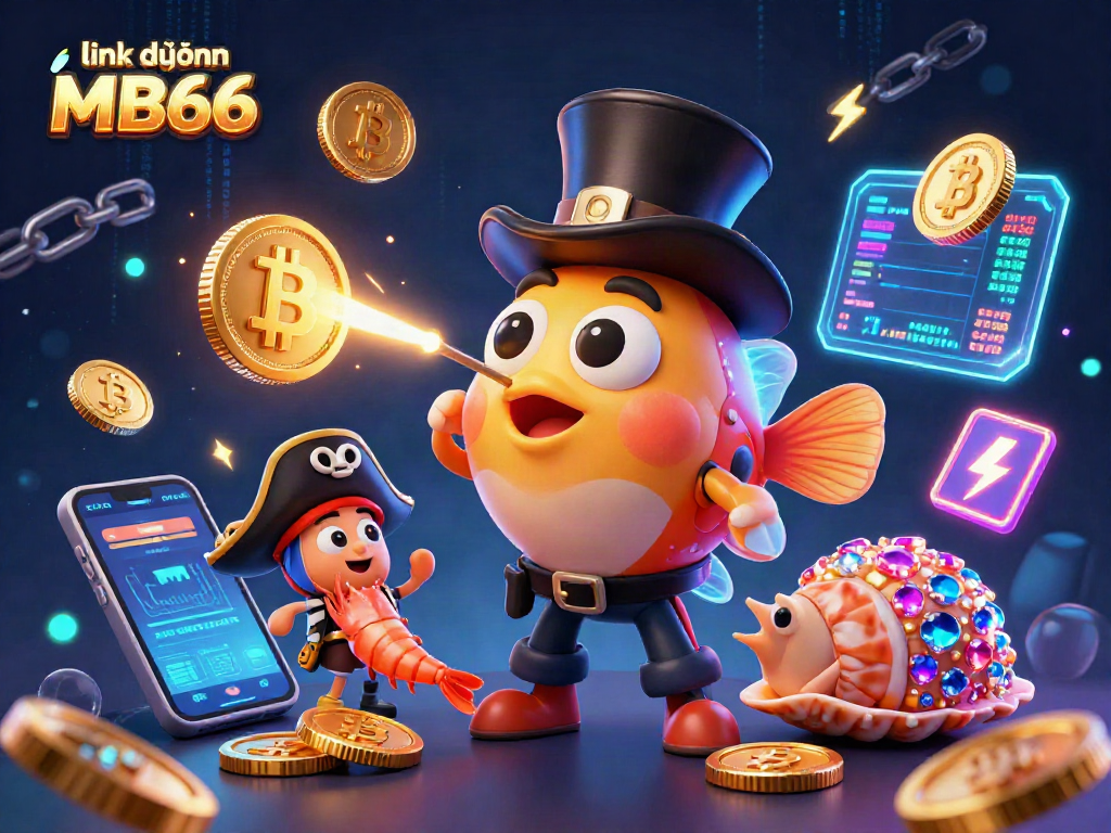 Engage with link dự phòng MB66 through vibrant 3D gambling-themed artwork featuring animated characters and crypto elements.