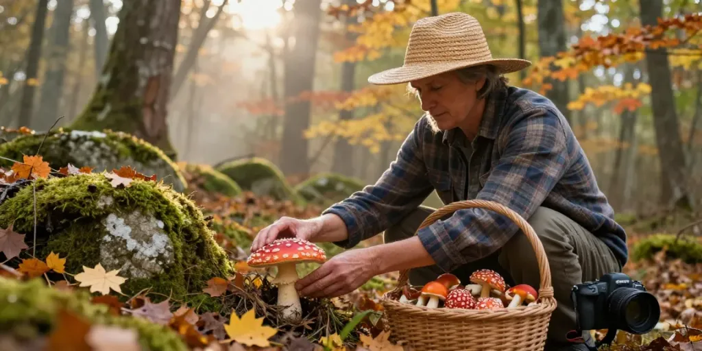 Fliegenpilz kaufen: Ernte frischer Amanita Muscaria im herbstlichen Wald.