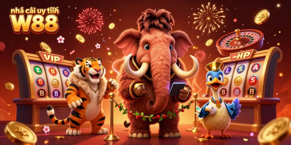 Experience the thrill of Nhà cái uy tín W88 with a vibrant 3D scene of casino fun and excitement.