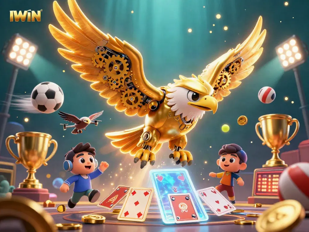 IWIN showcases an exciting 3D illustration of a cybernetic eagle among shimmering gambling elements, perfect for casino enthusiasts.