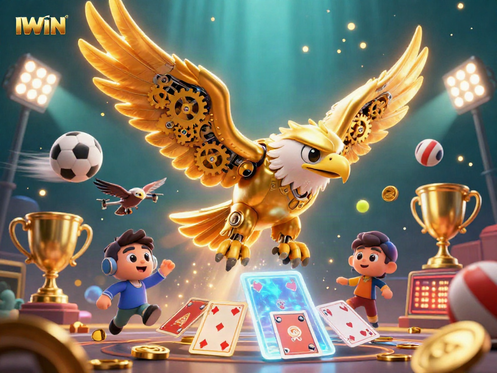 IWIN showcases an exciting 3D illustration of a cybernetic eagle among shimmering gambling elements, perfect for casino enthusiasts.