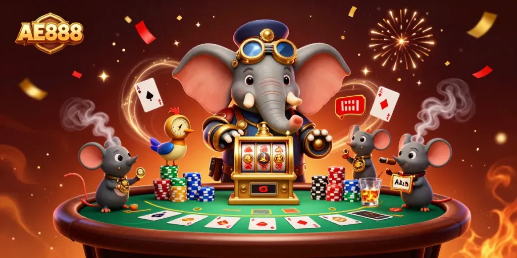 Experience the thrill of AE888 casino, featuring steampunk characters celebrating big wins at the slot machine.