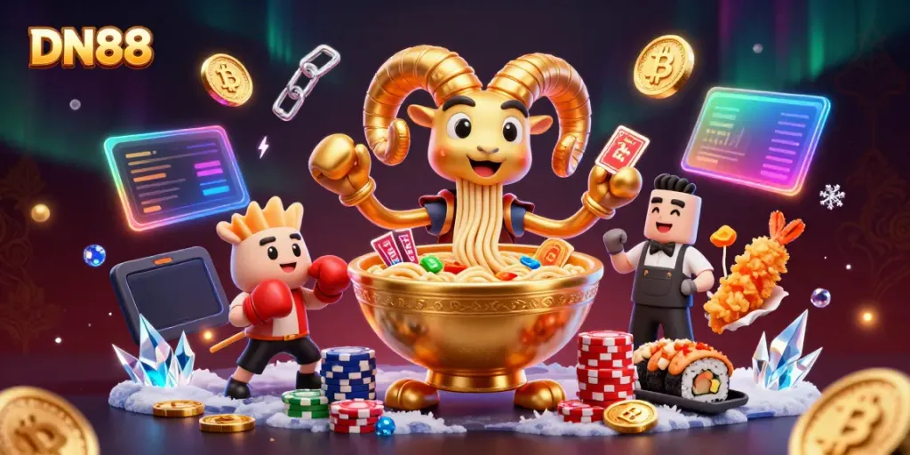 Engage with DN88 as a vibrant casino scene showcases animated characters dealing cards and celebrating wins.