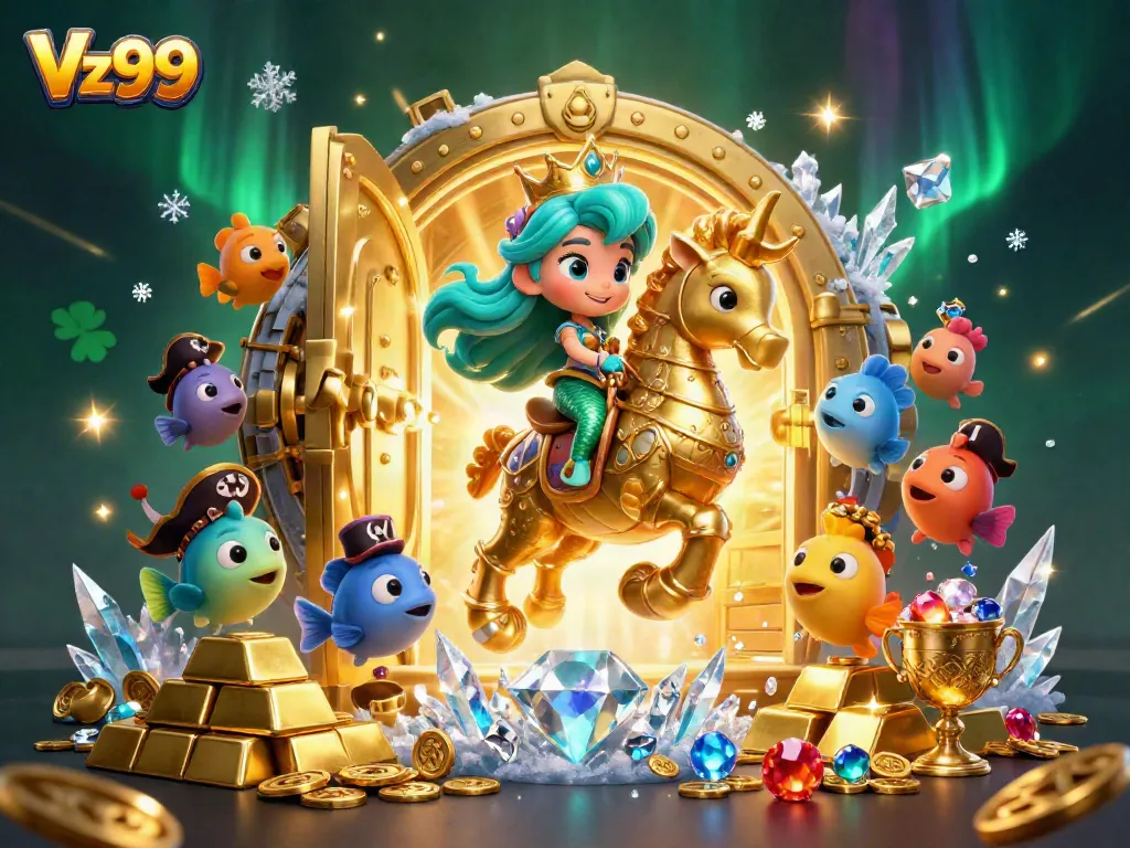 Experience the enchanting Vz99 casino universe with a mermaid princess, seahorse, and gold treasures.