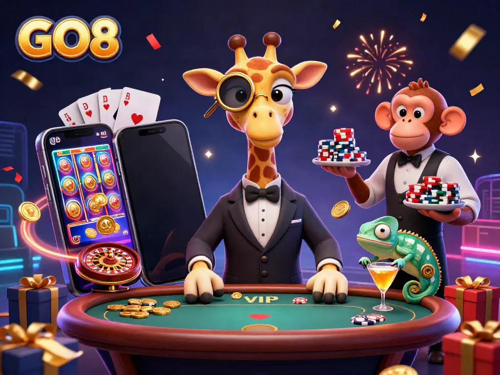 GO8 high-roller giraffe and friends enjoying a vibrant casino scene with games and rewards.