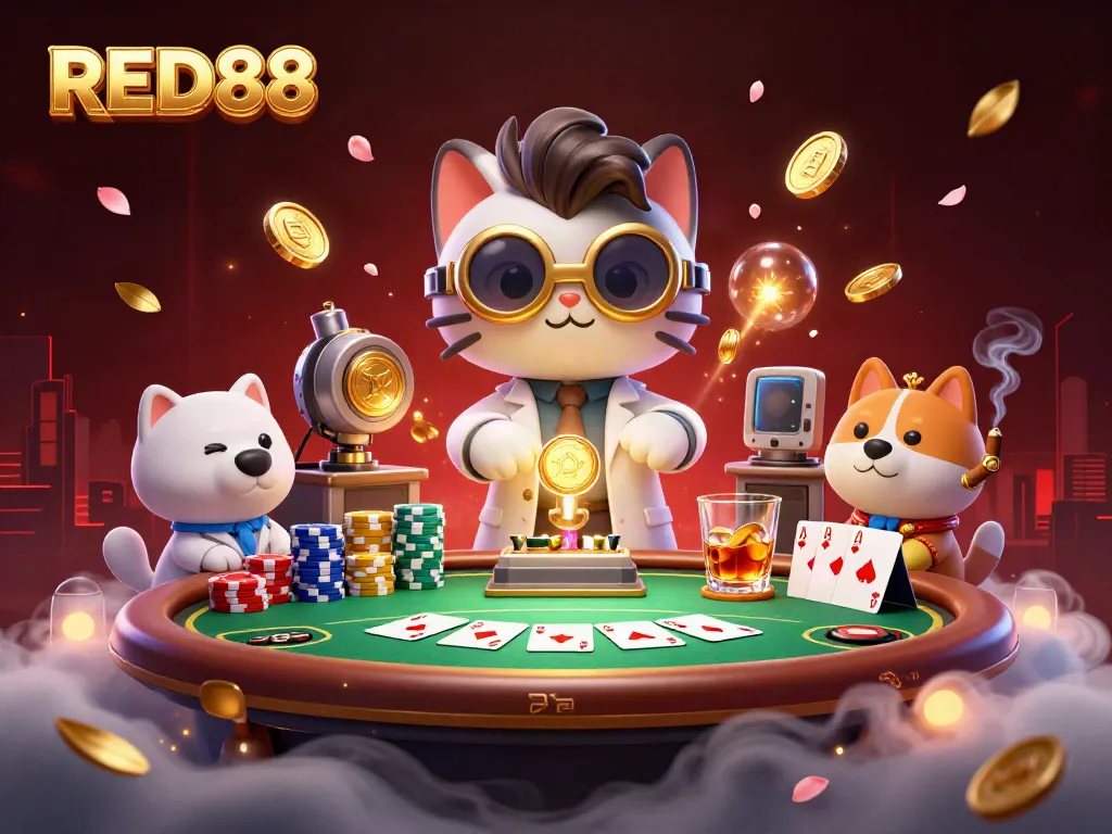 Experience the excitement of RED88 with a dynamic scene of a mad scientist cat and assistant, surrounded by poker elements.