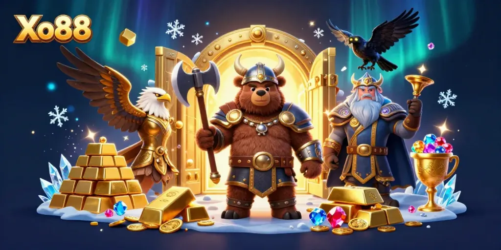 Experience thrilling gaming action at Xo88 with an exciting 3D casino illustration featuring legendary characters and treasures.