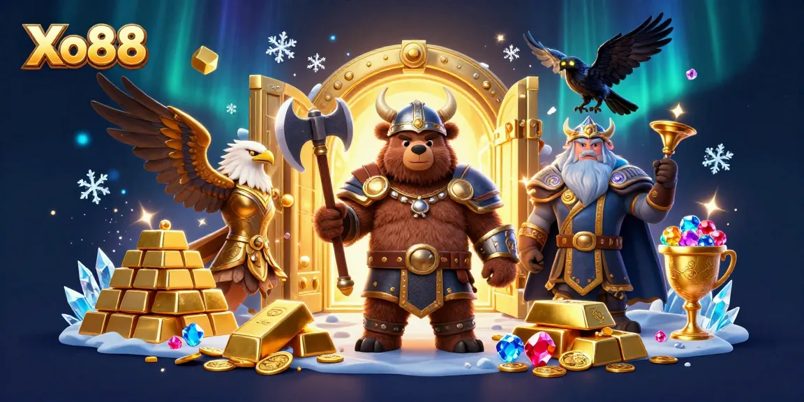 Experience thrilling gaming action at Xo88 with an exciting 3D casino illustration featuring legendary characters and treasures.