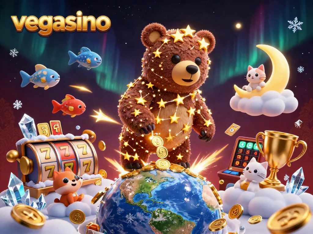 Win with vegasino: A magical casino scene featuring a constellation bear and vibrant slot elements.