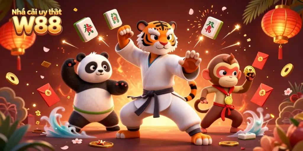 Engage in winning at Nhà cái uy tín W88 with a captivating 3D illustration featuring a kung fu tiger master in a dynamic stance surrounded by vibrant casino elements.