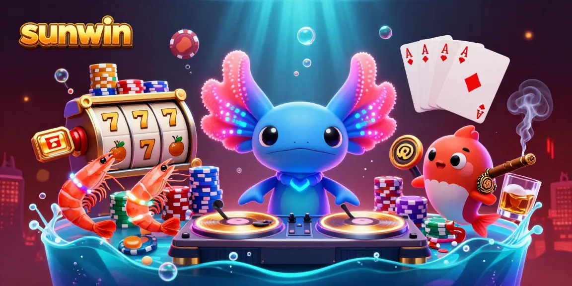 Experience the excitement at Sunwin with vibrant 3D characters mingling amidst slot games and casino elements.