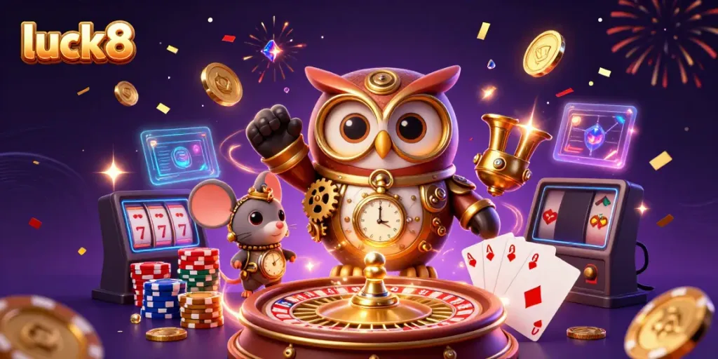 Experience luck8 as a playful time-traveler owl surrounded by dazzling casino elements.