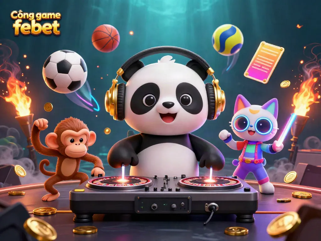 Cổng game febet showcases a vibrant casino scene with engaging characters in a dynamic atmosphere.