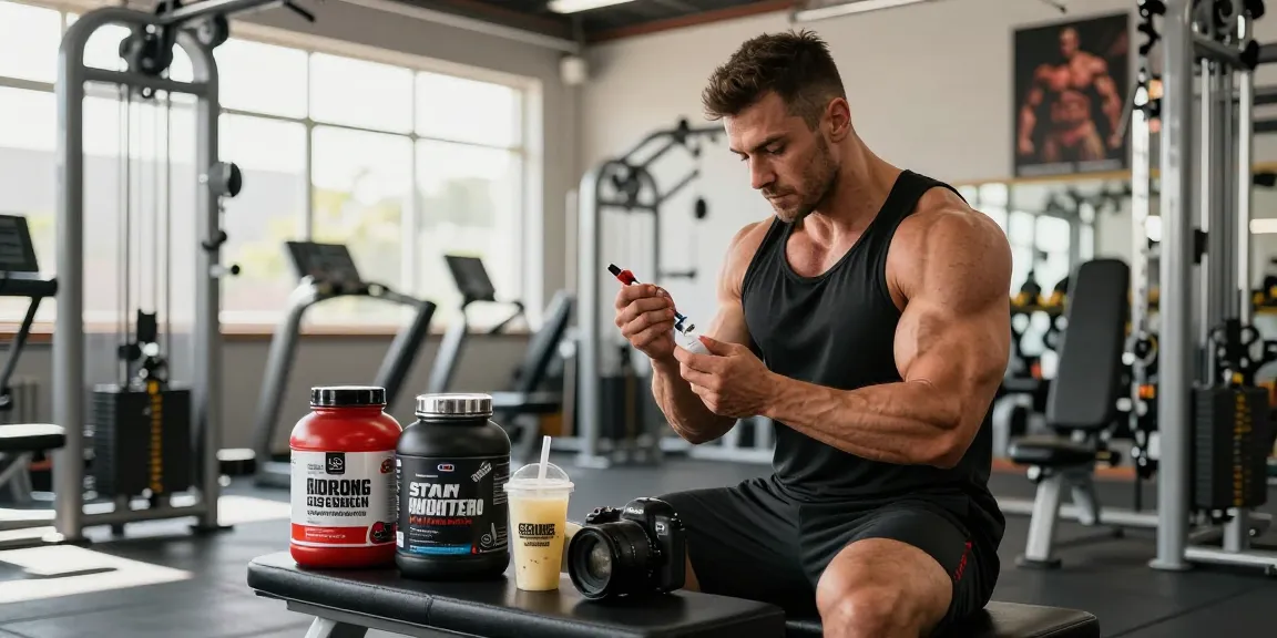 Utinon Steroids Shop - Athlet bei der Anwendung von Steroiden in einem modernen Fitnessstudio mit Sportnahrung.