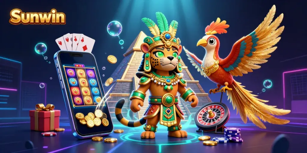 Experience the thrill of Sunwin with a vibrant 3D scene showcasing a Mayan jaguar priest and gaming elements.