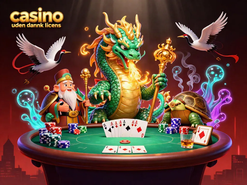 Engage in exciting gaming at casino uden dansk licens with a mythical dragon, poker chips, and vibrant characters.