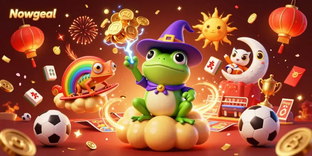 Nowgoal's vibrant illustration featuring live sports betting with a frog wizard and a surfing chameleon
