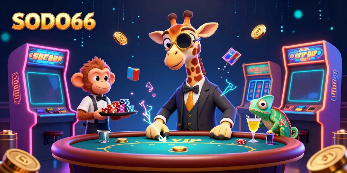 Engage in thrilling gameplay at SODO66 with a high-roller giraffe and mini casino entourage.