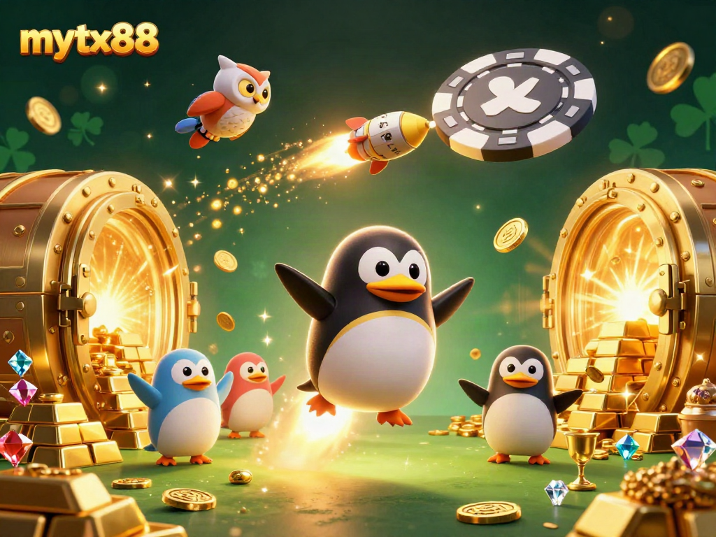 Join the excitement with mytx88 as a golden penguin blasts off to a thrilling casino adventure!