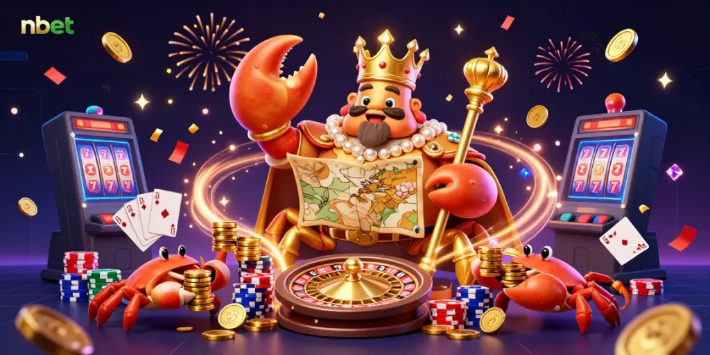 Experience nbet’s vivid online casino atmosphere showcased by a golden crab and treasures in a 3D scene.