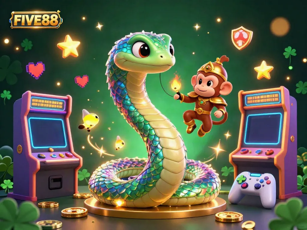 Experience the vibrant world of FIVE88 with rich casino elements and lively characters in a mystical setting.