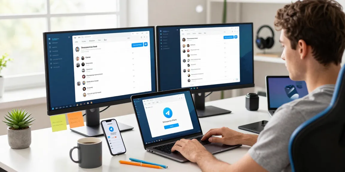 Using Telegram Web on a laptop in a modern workspace with dual monitors and tech gadgets.