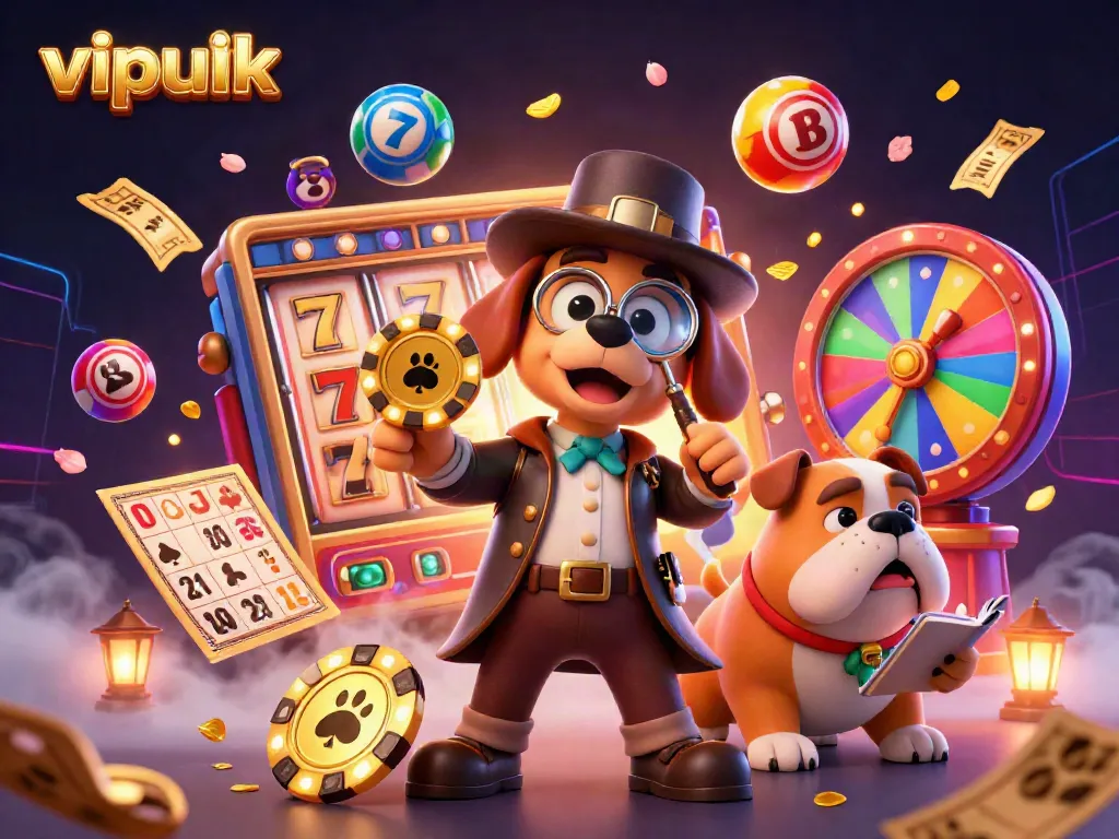 Join the action at vipluck with playful gambling elements showcasing vibrant slots and a lively detective scene.