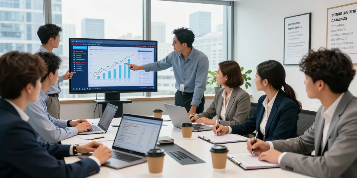 Engaged financial analysts discussing strategies to buy in BRICS crypto in a modern office setting.