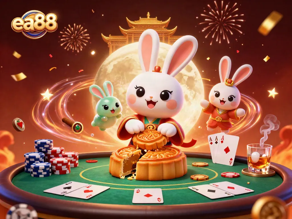 Experience the excitement of ea88 casino with a moon rabbit revealing poker chips on the lunar surface.