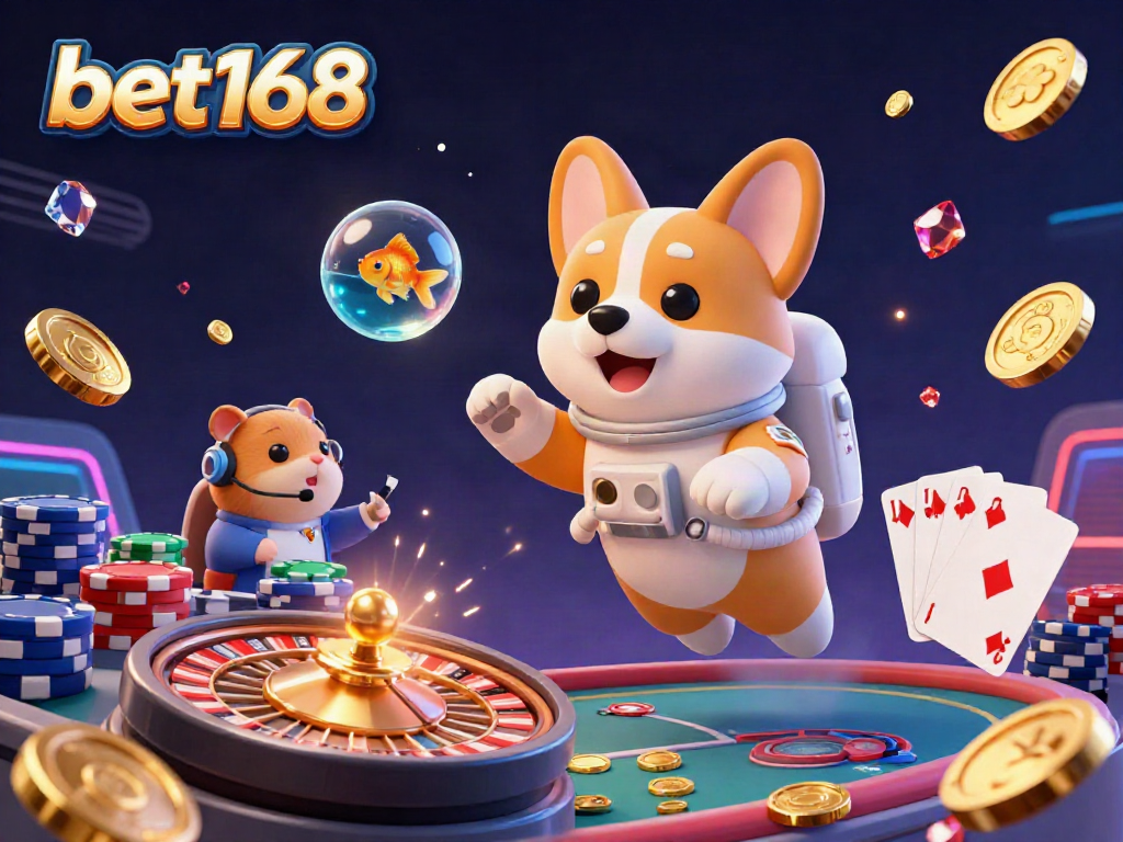 Experience thrilling games at bet168 with a vibrant 3D casino illustration showcasing a floating corgi, roulette, and colorful poker chips.