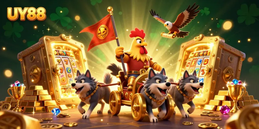Spin the reels at UY88 with a 3D cartoon rooster warlord amid riches and rewards.