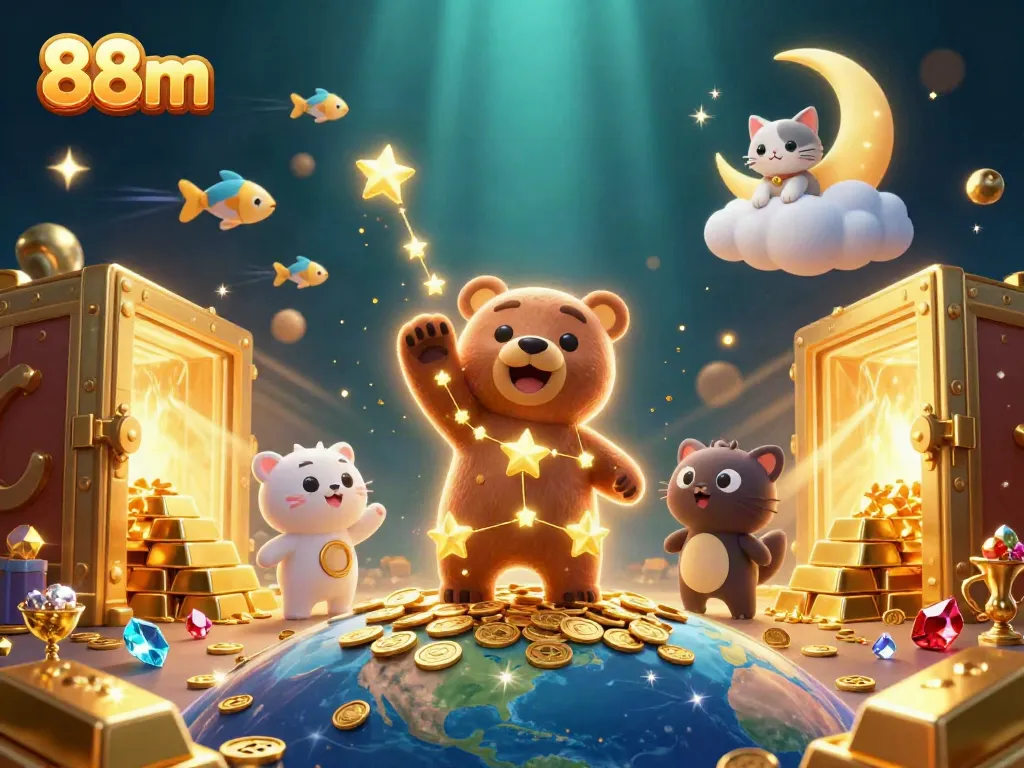 Engage with 88m's thrilling casino world as the constellation bear scoops coins amidst rich treasures and celestial companions.