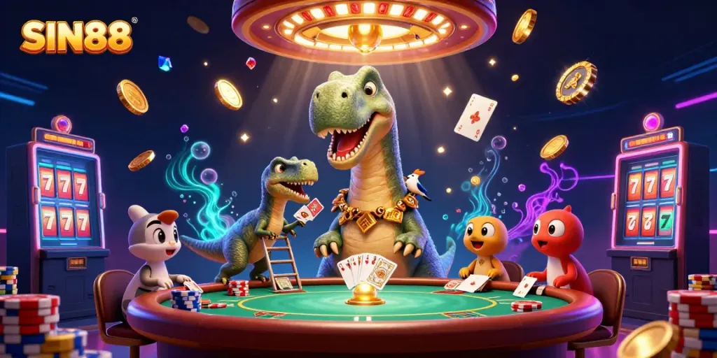 SIN88 captures excitement as a brontosaurus oversees the dynamic casino action with coins and gems.