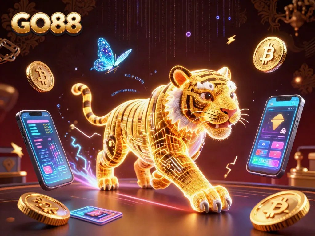 Experience thrilling gameplay at GO88 with a vibrant digital casino scene filled with neon lights and crypto elements.