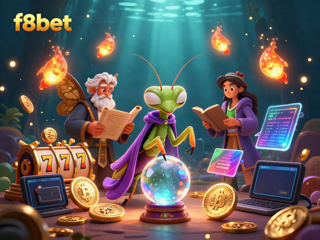 Engage in exciting F8BET gaming with the mystical fortune teller and wise librarian in a vibrant casino scene.