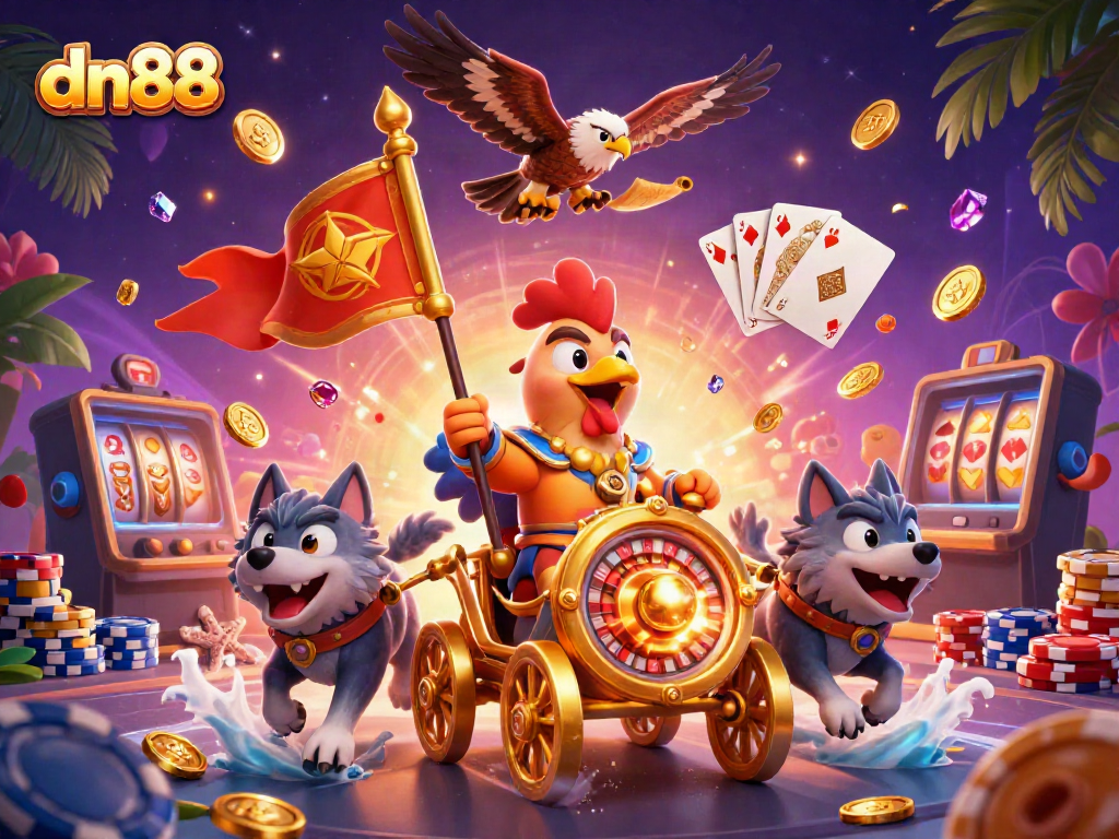 Spin and win with dn88 in an enchanting casino adventure featuring a roaring rooster and treasures.