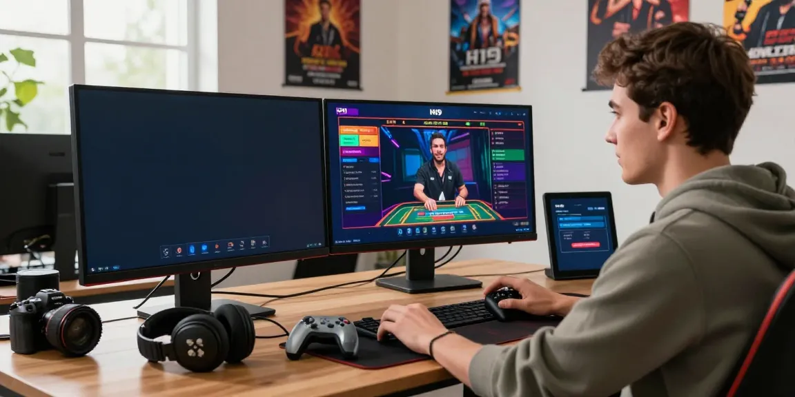 Youthful player engaging with H19 casino live dealer game on dual monitors, showcasing vibrant graphics and notifications, creating an immersive online gaming atmosphere.
