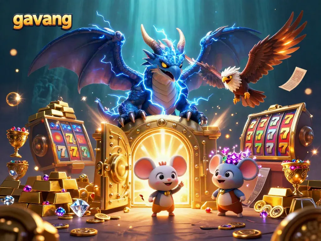 The thunder dragon and hawk celebrate victory in gambling, surrounded by treasures and slot elements, at gavang.