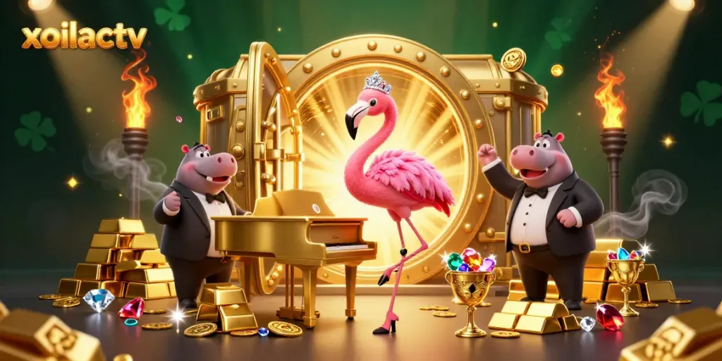 Experience exciting online gaming with xoilactv, featuring a lively scene of entertainers and treasure.