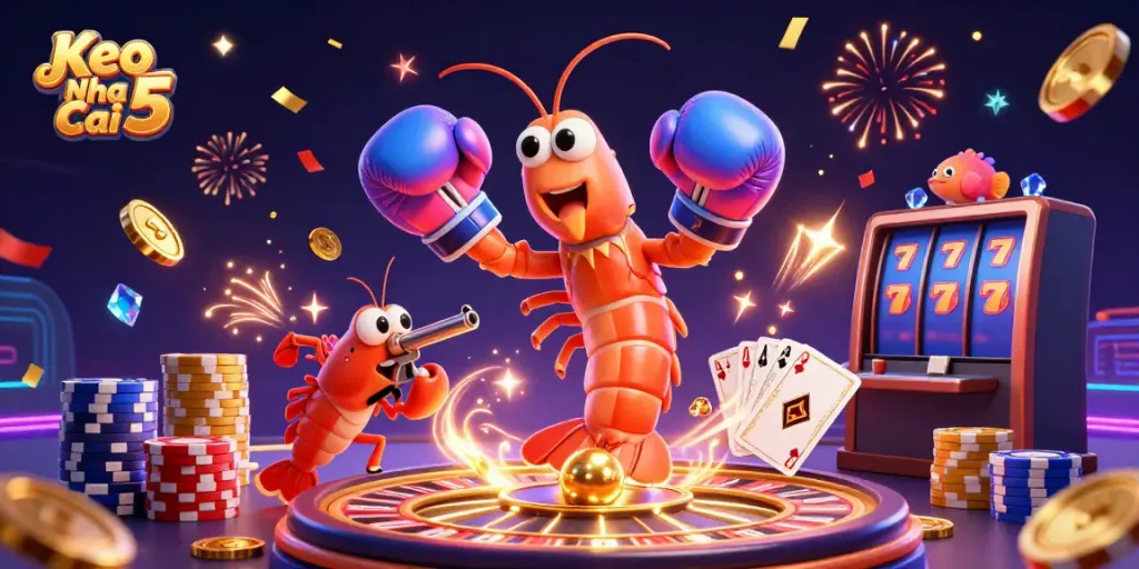 Experience the thrill of wagering with Keo Nha Cai 5 in this vibrant 3D action-packed scene featuring dynamic casino elements.