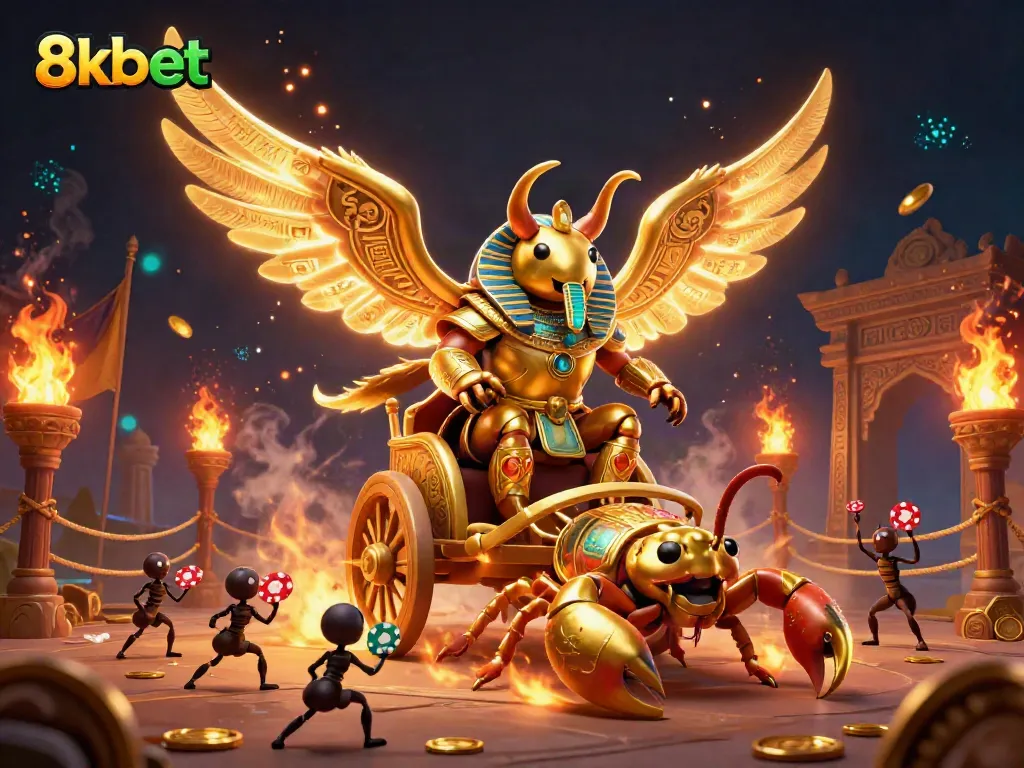 Experience thrilling betting action at 8kbet with golden scarab characters and gambling elements.