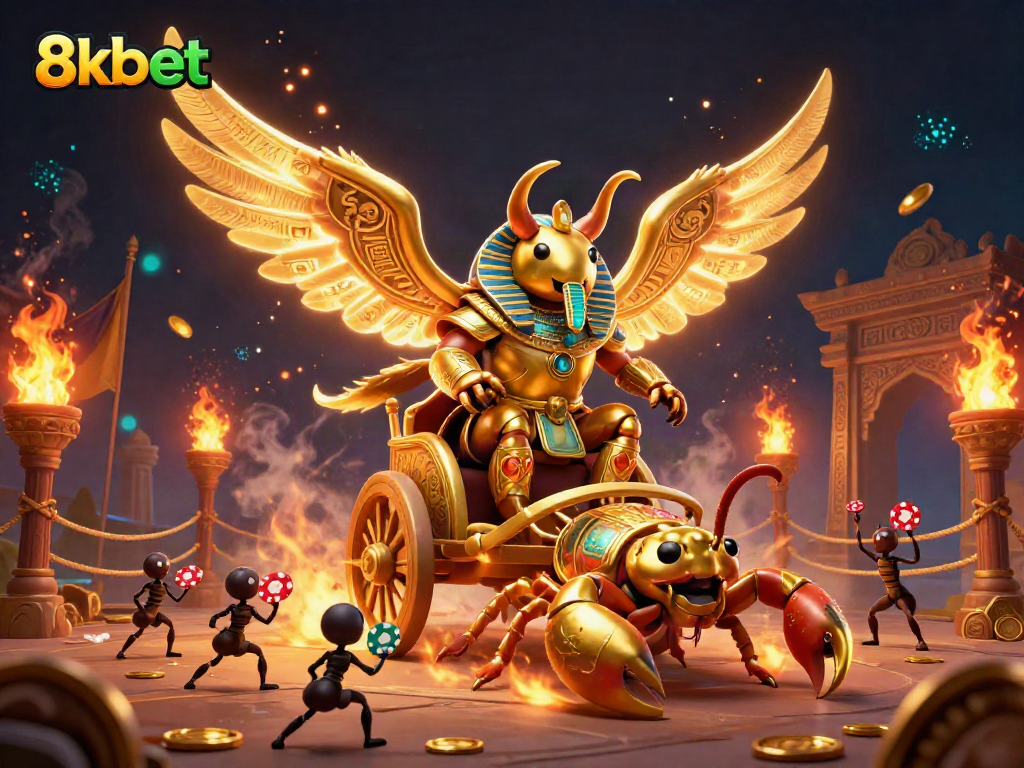 Experience thrilling betting action at 8kbet with golden scarab characters and gambling elements.