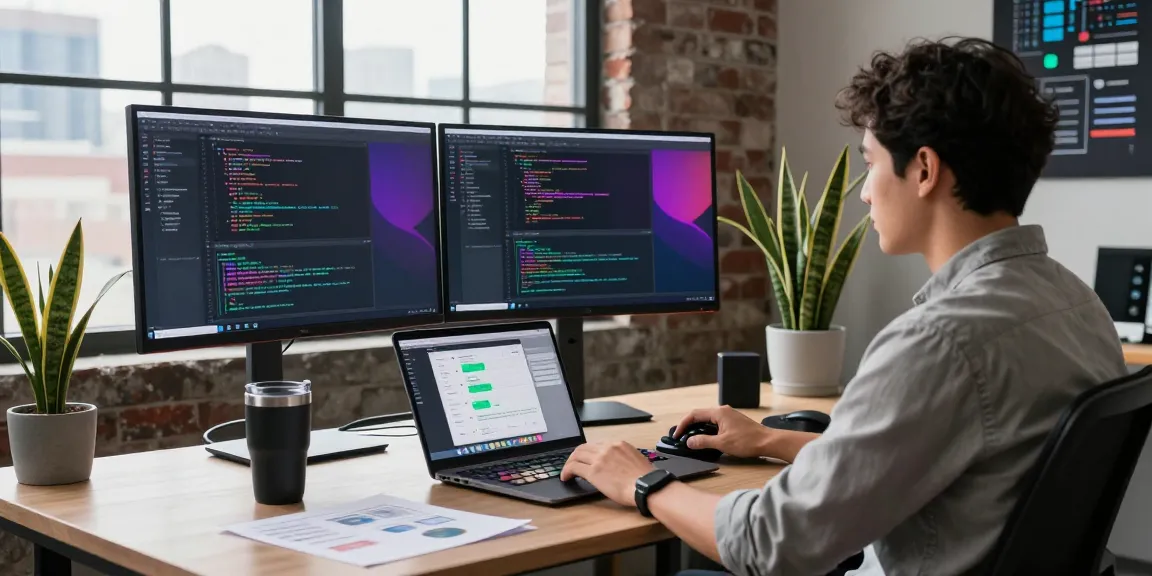 Edimakor Software-Entwickler bei der Arbeit in einem modernen Büro mit Code auf Bildschirmen.