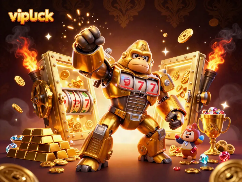 Experience the thrill of vipluck with a transformer-style golden gorilla mech amidst piles of treasures and slot machine elements.