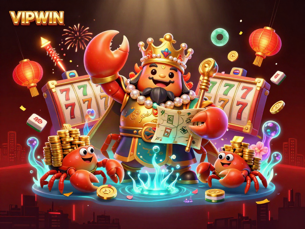 Experience excitement at VIPWIN with a vibrant 3D illustration of a golden crab emperor amidst a rich casino scene.