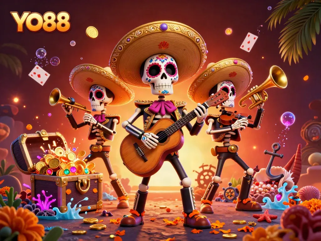 Experience thrilling gaming action with YO88 in a vibrant scene featuring a mariachi band and sparkling treasures.